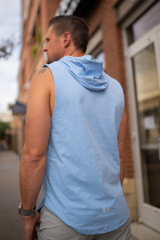 Alyth Active Determined Hooded Sleeveless in Ice Blue - Women's Workout Hoodie Back View
