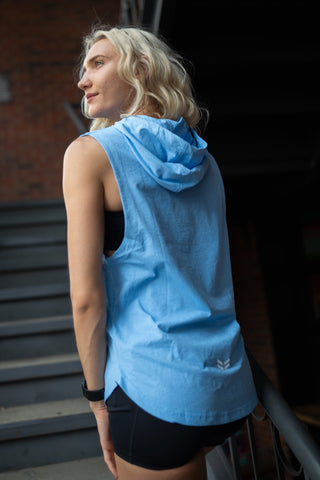 Alyth Active Determined Hooded Sleeveless in Ice Blue - Women's Workout Hoodie Front View