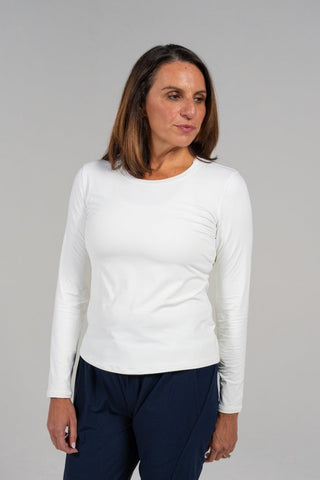 Alyth Active Serene Authentic Warmth Long Sleeve in White - Women's Yoga Long Sleeve Top Front View