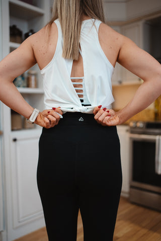 Alyth Active Serene Soft Fiercefully Tank in White - Women's Yoga Tank Top Detail View