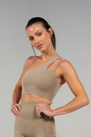 Alyth Active Serene Transform Asymmetical Sports Bra in Aero Blue - Women's Athletic Sports Bra Detail View