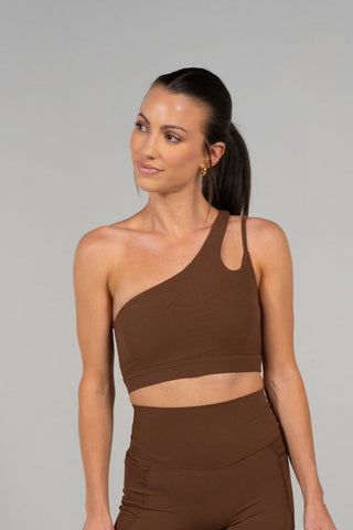 Alyth Active Serene Transform Asymmetical Sports Bra in Mocha - Women's Athletic Sports Bra Back View