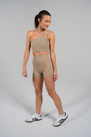 Alyth Active Serene Transform Asymmetical Sports Bra in Oatmeal - Women's Athletic Sports Bra Back View