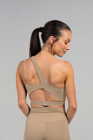 Alyth Active Serene Transform Asymmetical Sports Bra in Oatmeal - Women's Athletic Sports Bra Front View